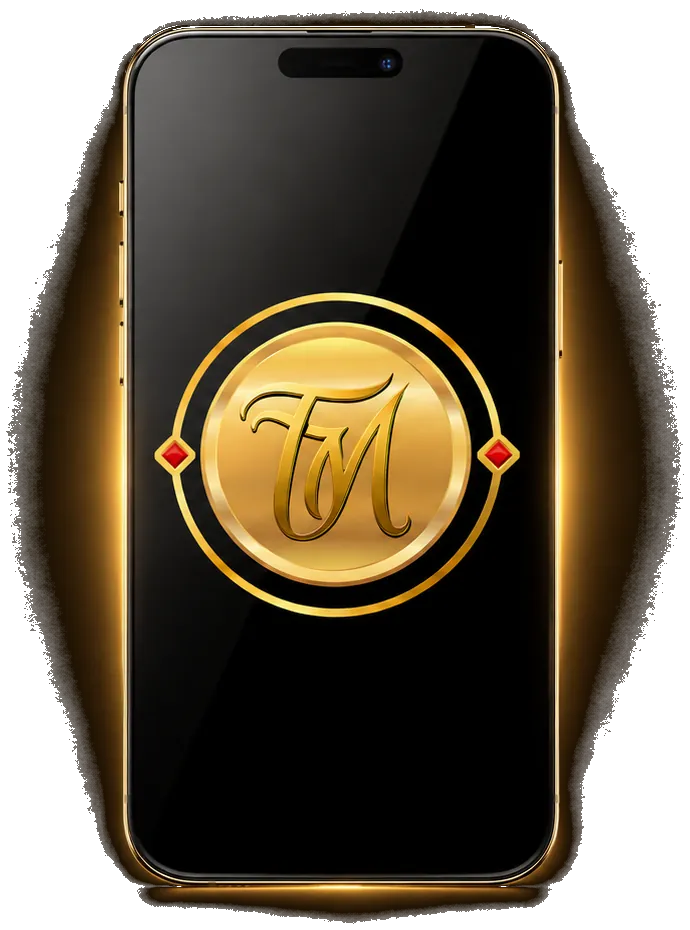 Phone showing the Taj Mahal TM logo, representing his social media channels